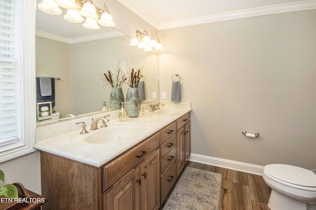 9436 Naff Rd, Heiskell, TN 37754 - bathroom featuring wood finished floors, ornamental molding, double vanity, and a chandelier