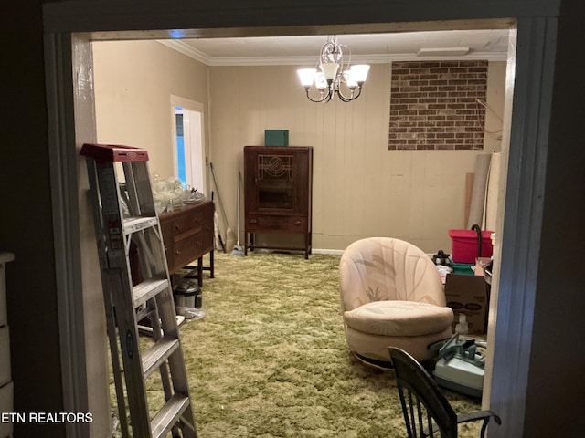1890 Doaks Creek Rd, Speedwell, TN 37870 - sitting room with carpet floors, ornamental molding, and a chandelier