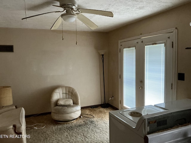 1890 Doaks Creek Rd, Speedwell, TN 37870 - sitting room featuring ceiling fan, carpet, washer / clothes dryer, french doors, and a textured ceiling