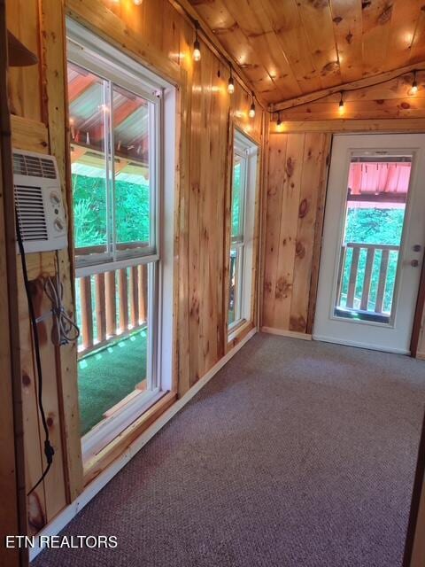 419 River Rd, Huntsville, TN 37756 - spare room with wood ceiling, wooden walls, track lighting, and carpet
