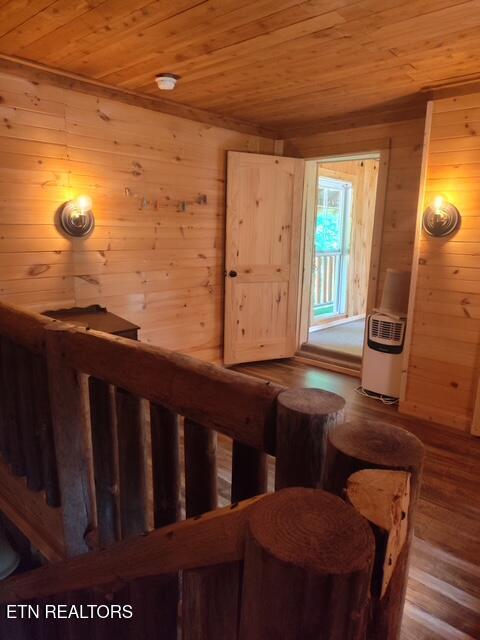 419 River Rd, Huntsville, TN 37756 - staircase with wood ceiling, wooden walls, and wood finished floors