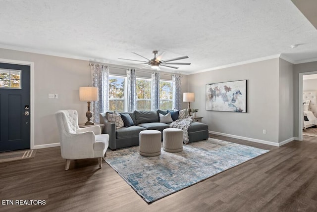 750 Everett Rd, Farragut, TN 37934 - living room featuring a ceiling fan, wood finished floors, crown molding, and a textured ceiling