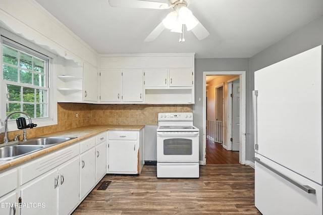 564 Dillwyn St, Kingsport, TN 37665 - kitchen with white appliances, open shelves, white cabinetry, decorative backsplash, and dark wood-style floors