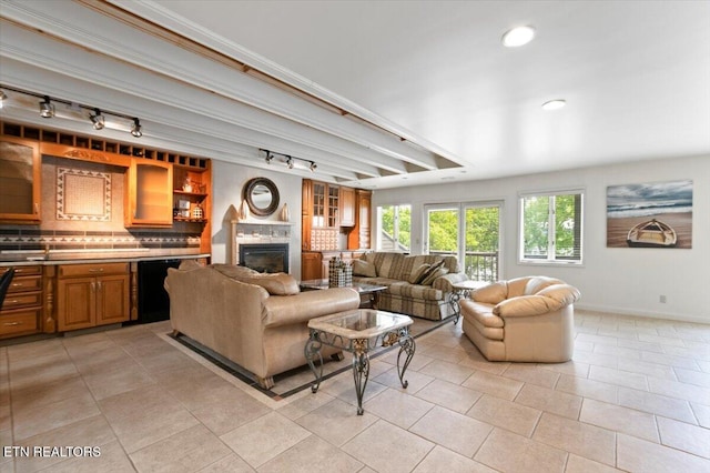700 Shanghai Landing Ln Unit 11, Lafollette, TN 37766 - living room with track lighting, a glass covered fireplace, recessed lighting, and light tile patterned flooring