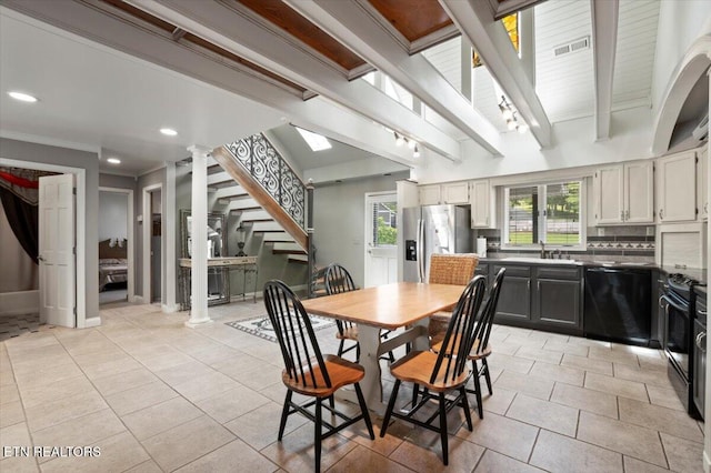 700 Shanghai Landing Ln Unit 11, Lafollette, TN 37766 - dining room featuring light tile patterned flooring, decorative columns, stairway, track lighting, and recessed lighting