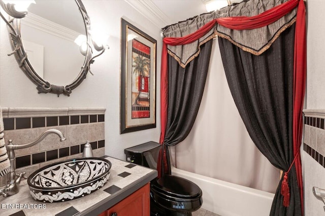 700 Shanghai Landing Ln Unit 11, Lafollette, TN 37766 - full bathroom with shower / tub combo with curtain, crown molding, vanity, radiator heating unit, and backsplash