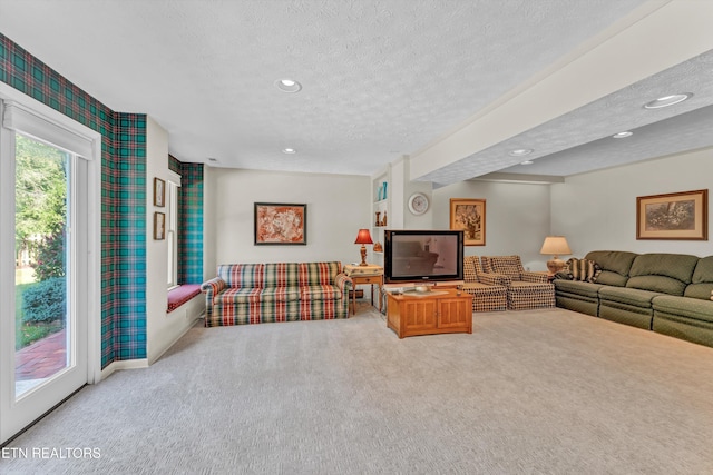 127 Newhaven Rd, Oak Ridge, TN 37830 - carpeted living area featuring a textured ceiling, recessed lighting, and wallpapered walls