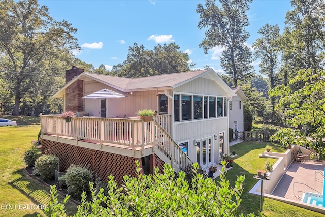 127 Newhaven Rd, Oak Ridge, TN 37830 - rear view of house featuring a wooden deck, a chimney, french doors, and stairs