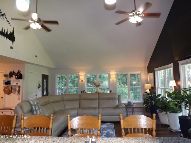 440 Sams Mtn, Middlesboro, KY 40965 - living area featuring ceiling fan, high vaulted ceiling, wood finished floors, and healthy amount of natural light