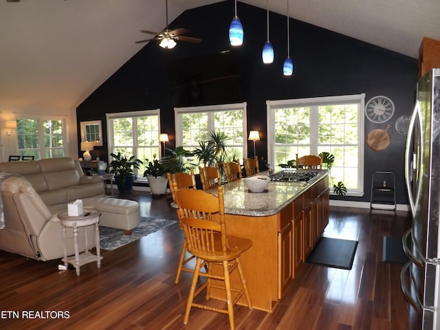 440 Sams Mtn, Middlesboro, KY 40965 - kitchen with open floor plan, stainless steel appliances, a ceiling fan, light stone countertops, and high vaulted ceiling