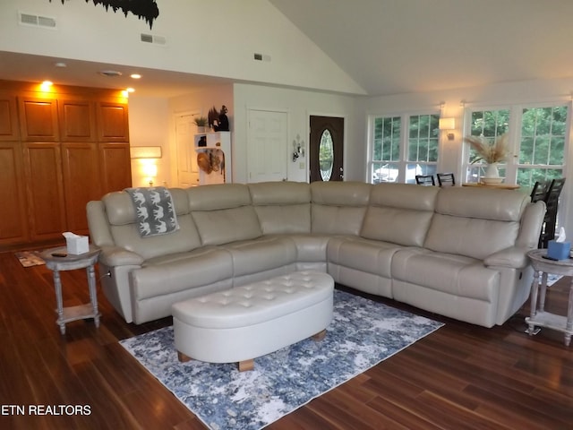 440 Sams Mtn, Middlesboro, KY 40965 - living room featuring dark wood-type flooring, high vaulted ceiling, and recessed lighting