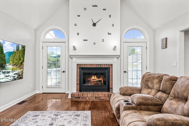 1036 Circle Dr, Jamestown, TN 38556 - living room featuring high vaulted ceiling, wood finished floors, plenty of natural light, and a fireplace