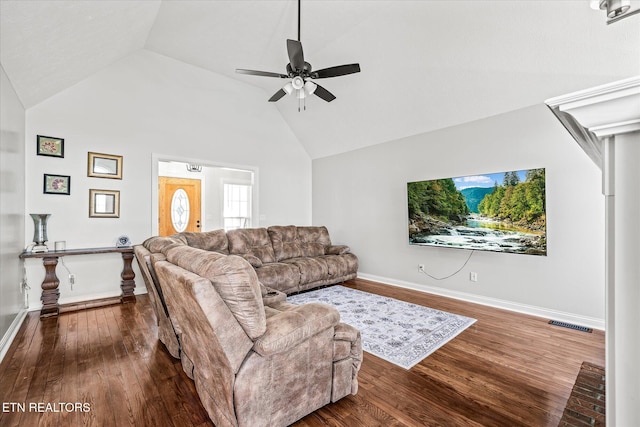 1036 Circle Dr, Jamestown, TN 38556 - living area with ceiling fan, dark wood-type flooring, and high vaulted ceiling