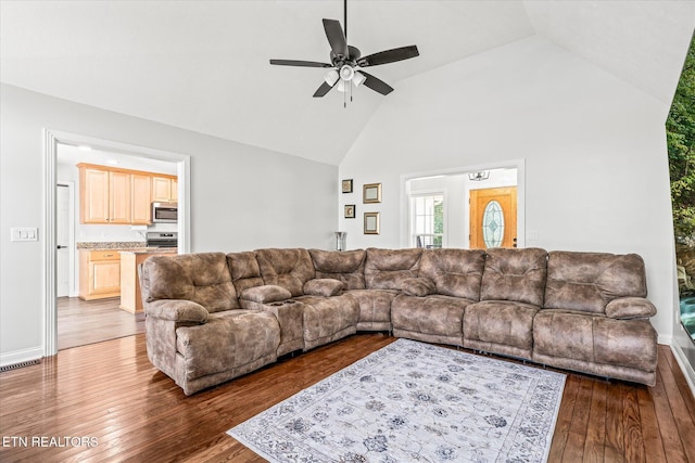 1036 Circle Dr, Jamestown, TN 38556 - living room featuring high vaulted ceiling, dark wood-type flooring, and ceiling fan