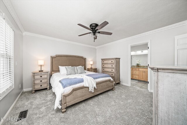 1036 Circle Dr, Jamestown, TN 38556 - bedroom with light carpet, ornamental molding, ensuite bath, and ceiling fan