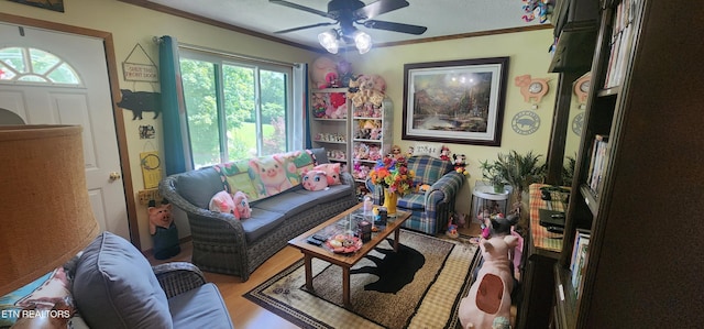 191 Ashley Ln, Oneida, TN 37841 - living area featuring ornamental molding, ceiling fan, and light wood-style floors