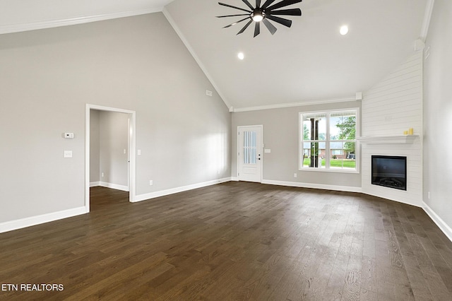 7245 Deville Way, Powell, TN 37849 - unfurnished living room with high vaulted ceiling, ceiling fan, a large fireplace, dark wood-style flooring, and crown molding