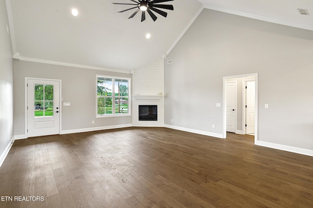 7245 Deville Way, Powell, TN 37849 - unfurnished living room featuring ceiling fan, high vaulted ceiling, a fireplace, crown molding, and dark wood finished floors