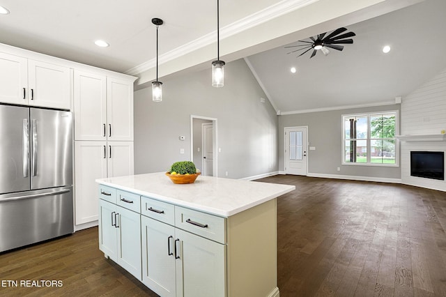 7245 Deville Way, Powell, TN 37849 - kitchen featuring freestanding refrigerator, ornamental molding, open floor plan, ceiling fan, and white cabinets