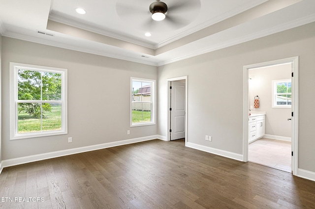 7245 Deville Way, Powell, TN 37849 - unfurnished bedroom featuring crown molding, a raised ceiling, dark wood-style floors, ensuite bath, and recessed lighting
