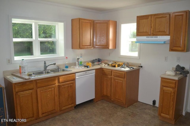 31058 US-127, Pikeville, TN 37367 - kitchen featuring white dishwasher, under cabinet range hood, brown cabinetry, light countertops, and ornamental molding