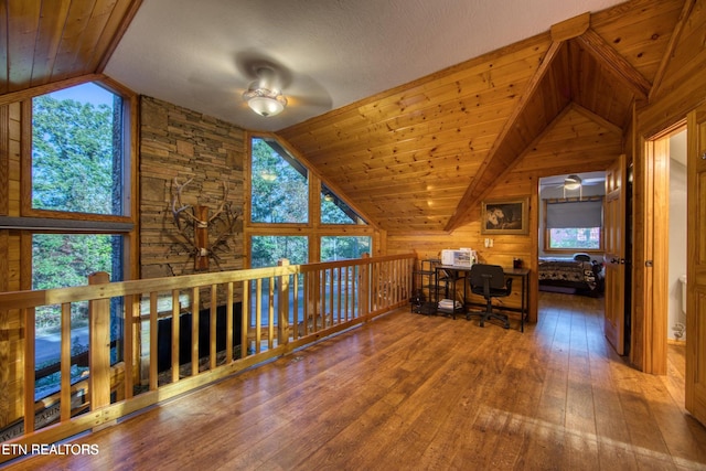 224 Eagle Blf, Jamestown, TN 38556 - office space featuring lofted ceiling, a ceiling fan, hardwood / wood-style flooring, and wooden walls