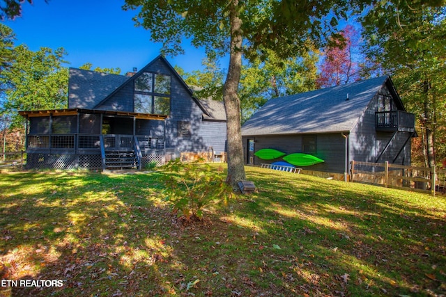 224 Eagle Blf, Jamestown, TN 38556 - rear view of house with a deck, a sunroom, and stairs