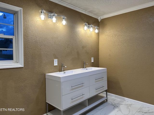 901 Kyle St, Lafollette, TN 37766 - bathroom with crown molding, marble look tile flooring, a textured wall, double vanity, and a textured ceiling