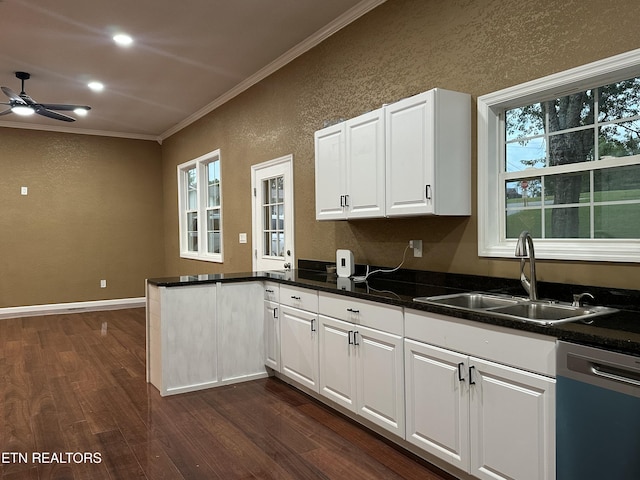 901 Kyle St, Lafollette, TN 37766 - kitchen featuring dishwashing machine, a textured wall, ornamental molding, ceiling fan, and dark wood-type flooring