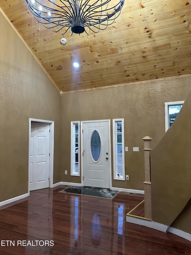 901 Kyle St, Lafollette, TN 37766 - foyer with wooden ceiling, high vaulted ceiling, wood finished floors, and a chandelier