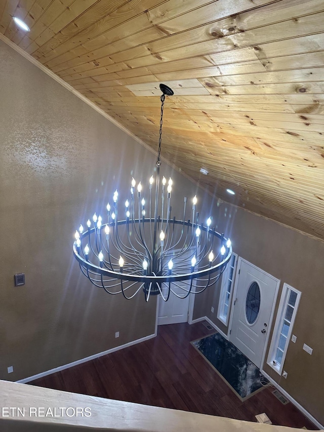 901 Kyle St, Lafollette, TN 37766 - detailed view of wood ceiling, a chandelier, wood finished floors, and crown molding