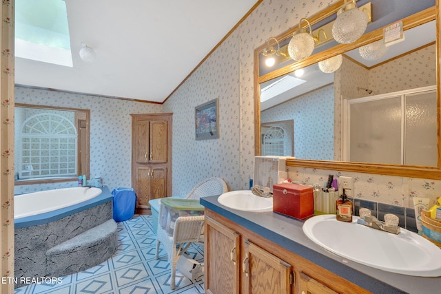 225 N Chuckey Ruritan Rd, Chuckey, TN 37641 - bathroom featuring a skylight, lofted ceiling, crown molding, wallpapered walls, and a bath