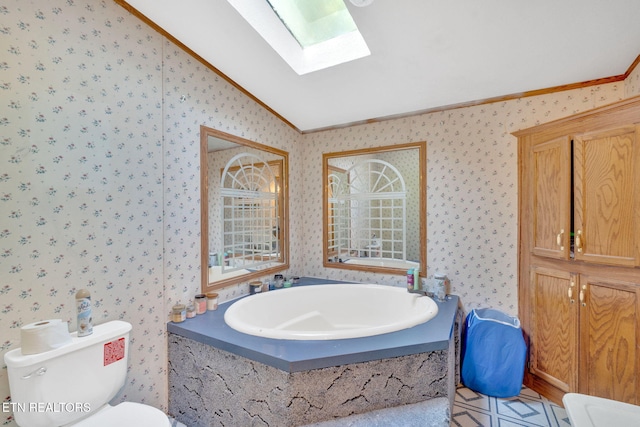 225 N Chuckey Ruritan Rd, Chuckey, TN 37641 - bathroom with a skylight, ornamental molding, lofted ceiling, a garden tub, and wallpapered walls