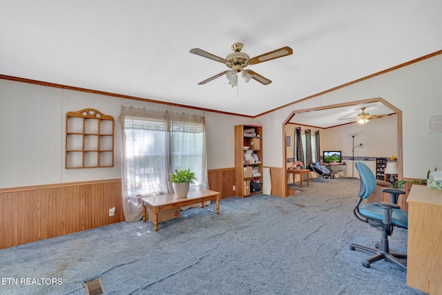 225 N Chuckey Ruritan Rd, Chuckey, TN 37641 - home office featuring ceiling fan, wainscoting, wood walls, carpet, and ornamental molding