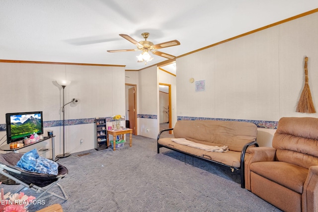 225 N Chuckey Ruritan Rd, Chuckey, TN 37641 - living room featuring carpet floors, a ceiling fan, and crown molding