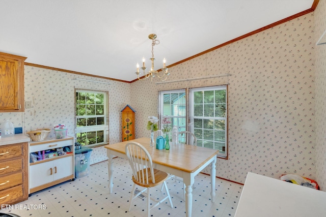 225 N Chuckey Ruritan Rd, Chuckey, TN 37641 - dining area with wallpapered walls, crown molding, lofted ceiling, a chandelier, and light flooring