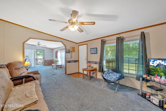 225 N Chuckey Ruritan Rd, Chuckey, TN 37641 - carpeted living room featuring ornamental molding, ceiling fan, lofted ceiling, and arched walkways