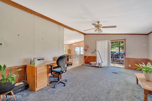 225 N Chuckey Ruritan Rd, Chuckey, TN 37641 - carpeted office space featuring a wainscoted wall, wood walls, crown molding, a ceiling fan, and a chandelier