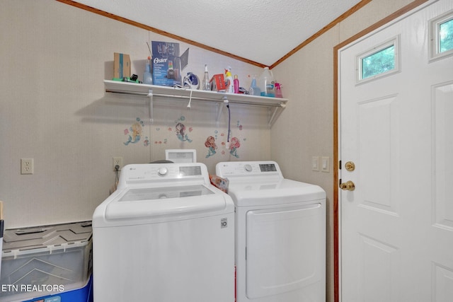 225 N Chuckey Ruritan Rd, Chuckey, TN 37641 - laundry room with ornamental molding, washing machine and clothes dryer, and a textured ceiling