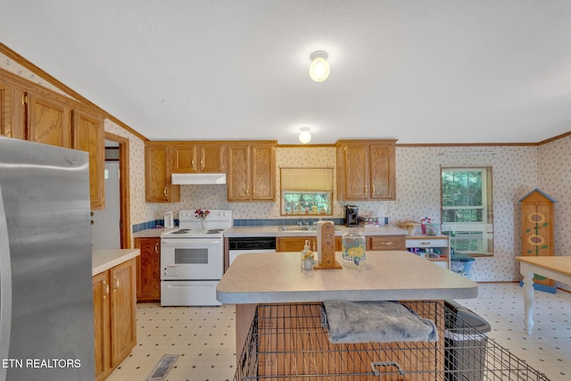 225 N Chuckey Ruritan Rd, Chuckey, TN 37641 - kitchen featuring white appliances, under cabinet range hood, healthy amount of natural light, wallpapered walls, and light countertops