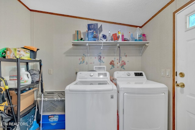 225 N Chuckey Ruritan Rd, Chuckey, TN 37641 - laundry room with crown molding, washer and clothes dryer, and a textured ceiling