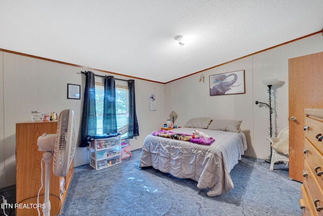 225 N Chuckey Ruritan Rd, Chuckey, TN 37641 - bedroom featuring ornamental molding, vaulted ceiling, carpet flooring, and a textured ceiling