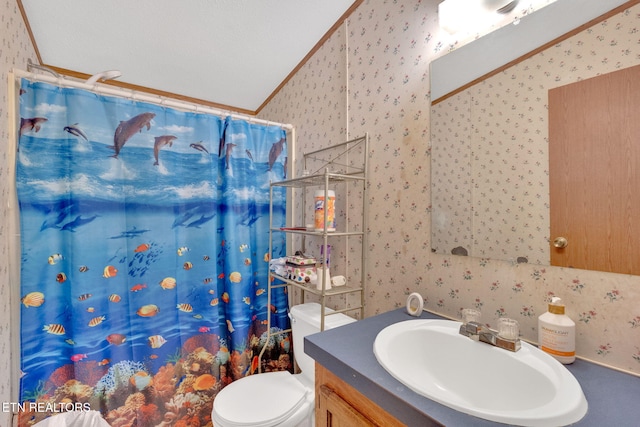 225 N Chuckey Ruritan Rd, Chuckey, TN 37641 - bathroom featuring wallpapered walls, vanity, a shower with shower curtain, and crown molding