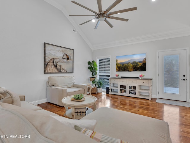 5728 Hickory Valley Rd, Heiskell, TN 37754 - living area featuring ceiling fan, ornamental molding, wood finished floors, high vaulted ceiling, and recessed lighting