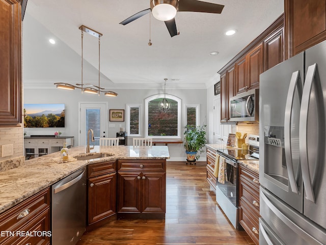 5728 Hickory Valley Rd, Heiskell, TN 37754 - kitchen with stainless steel appliances, a ceiling fan, dark wood-style flooring, decorative backsplash, and crown molding