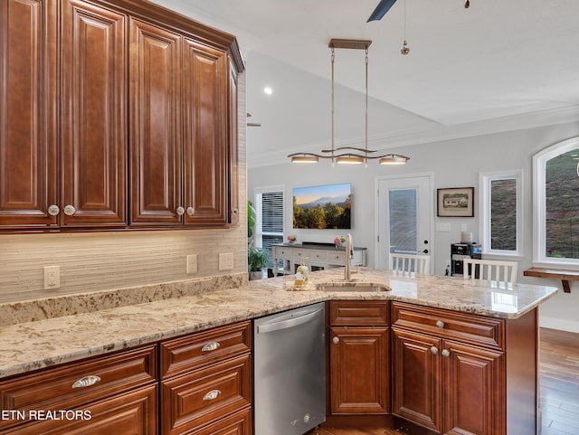 5728 Hickory Valley Rd, Heiskell, TN 37754 - kitchen with dishwasher, a peninsula, decorative backsplash, light stone counters, and wood finished floors