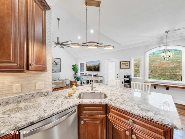 5728 Hickory Valley Rd, Heiskell, TN 37754 - kitchen with stainless steel dishwasher, a chandelier, vaulted ceiling, light stone countertops, and ornamental molding