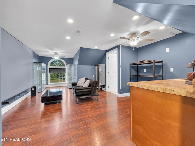 5728 Hickory Valley Rd, Heiskell, TN 37754 - living area with ceiling fan, wood finished floors, recessed lighting, and vaulted ceiling