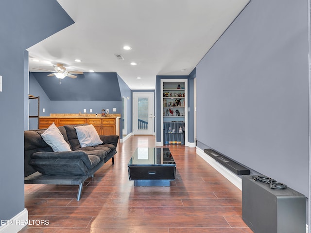 5728 Hickory Valley Rd, Heiskell, TN 37754 - living room featuring recessed lighting, wood finished floors, ceiling fan, and built in shelves