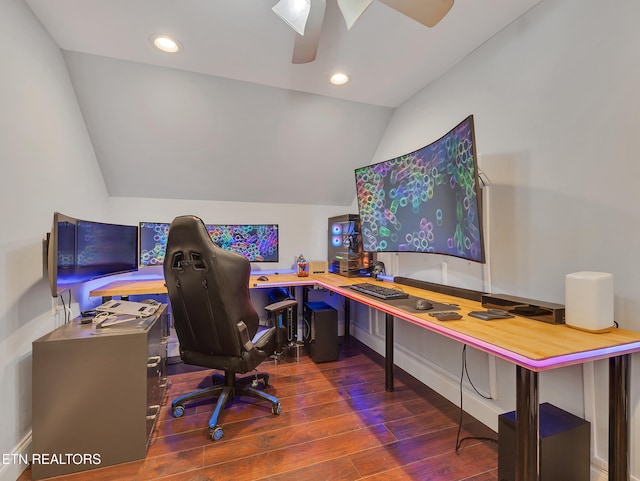 5728 Hickory Valley Rd, Heiskell, TN 37754 - office area featuring lofted ceiling, wood finished floors, a ceiling fan, and recessed lighting